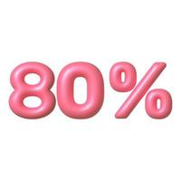 Sale 3D icon. Pink glossy 80 percent discount vector sign. 3d vector realistic design element.