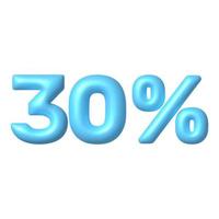 Number 3D icon. Blue glossy 30 percent discount vector sign. 3d vector realistic design element.