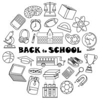 Back to school round concept. Set of vector hand drawn doodle style elements on notebook sheet background.