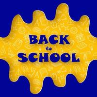 Funny abstract banner Back to school in paper cut style. Blue text on yellow background with school elements doodle pattern. vector