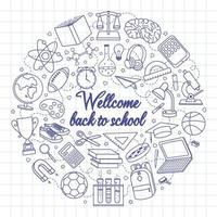 Set of hand drawn school supplies elements. Welcome back to school round concept. vector