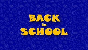 Back to school. Funny abstract banner in paper cut style. Yellow text on blue background with school elements doodle pattern. vector