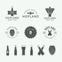 Set of vintage beer and pub logos, labels and emblems with bottles, hops, and wheat. Vector