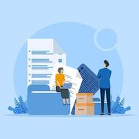 Worker standing in front of giant folder to store papers. Modern concept of file management system, online document storage service. archives, document organization. Flat cartoon vector illustration.