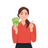 Young woman holding cash or money in hands. Cheerful young woman holding currency notes. vector