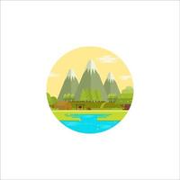 desierto explorador redondo emblema logo con verano cámping en bosque cerca lago vector