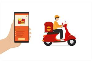 rápido comida entrega Servicio vector diseño vía teléfono inteligente aplicación con scooter diseño en blanco antecedentes