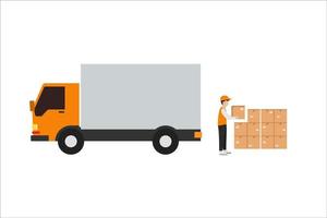 flat design of courier loading goods to truck for delivery to destination address isolated on white background vector