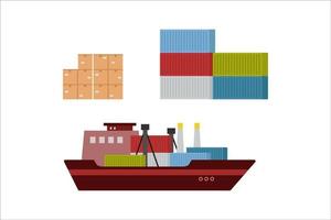 Delivery of goods by ship with container and box set flat design on white background vector