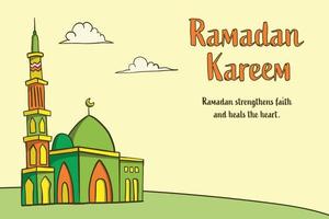 ramadan greeting card with mosque hand drawn design concept. vector illustration