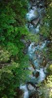 vertical vídeo. topo baixa Visão uma montanha rio fluindo entre ampla pedras video