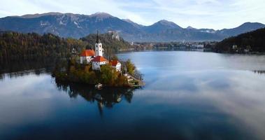 Aerial view of lake Bled and the island in the middle of it, Slovenia video