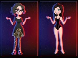 Two cartoon girls in black and red dress outfit club highlight night dance vector