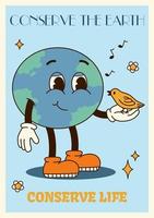 Vertical poster or card illustration groovy planet character hold bird in retro cartoon style of 60s 70s. Motivation phrase Conserve the earth conserve life vector