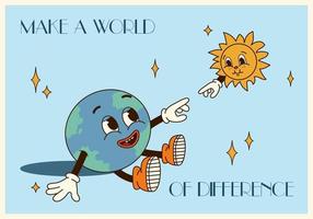 horizontal póster o tarjeta ilustración maravilloso planeta personaje en retro dibujos animados estilo de 60s años 70 concepto creación de el mundo vector