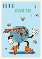 Vertical poster or card illustration hippie groovy planet character roller skating in retro cartoon style of 60s 70s. Quote Hippie Earth Day vector