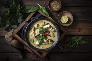 Thai food chicken green curry on dark wooden background. top view photo