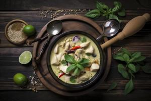 Thai food chicken green curry on dark wooden background. top view photo