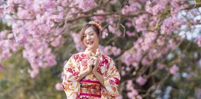 japonés mujer en tradicional kimono vestir participación dulce hanami dango postre mientras caminando en el parque a Cereza florecer árbol durante primavera sakura festival con Copiar espacio foto