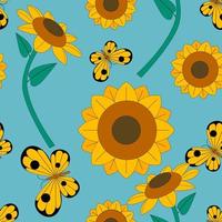 sunflower pattern on blue background. seamless floral pattern. flower with butterfly pattern. cute cartoon design. vector