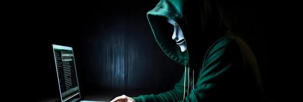 Unveiling the Enigmatic World of Cybercrime. A White Masked Hacker's Front View Amidst Dark Hood and Green Matrix Code Background photo