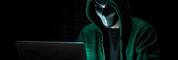 Unveiling the Enigmatic World of Cybercrime. A White Masked Hacker's Front View Amidst Dark Hood and Green Matrix Code Background photo