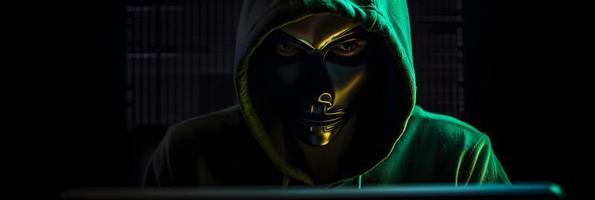 Unveiling the Enigmatic World of Cybercrime. A White Masked Hacker's Front View Amidst Dark Hood and Green Matrix Code Background photo