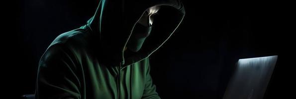 Unveiling the Enigmatic World of Cybercrime. A White Masked Hacker's Front View Amidst Dark Hood and Green Matrix Code Background photo