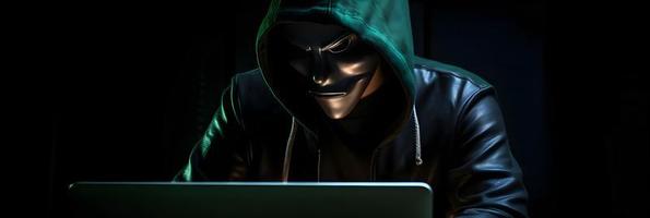 Unveiling the Enigmatic World of Cybercrime. A White Masked Hacker's Front View Amidst Dark Hood and Green Matrix Code Background photo