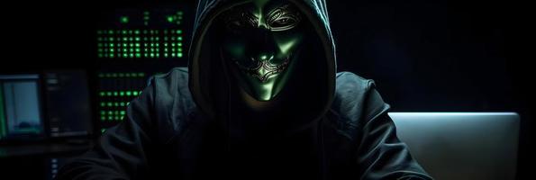 Unveiling the Enigmatic World of Cybercrime. A White Masked Hacker's Front View Amidst Dark Hood and Green Matrix Code Background photo