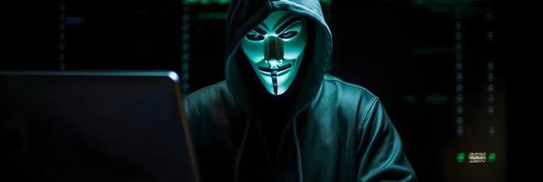 Unveiling the Enigmatic World of Cybercrime. A White Masked Hacker's Front View Amidst Dark Hood and Green Matrix Code Background photo