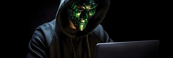 Unveiling the Enigmatic World of Cybercrime. A White Masked Hacker's Front View Amidst Dark Hood and Green Matrix Code Background photo