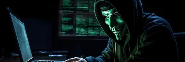 Unveiling the Enigmatic World of Cybercrime. A White Masked Hacker's Front View Amidst Dark Hood and Green Matrix Code Background photo