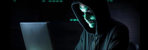 Unveiling the Enigmatic World of Cybercrime. A White Masked Hacker's Front View Amidst Dark Hood and Green Matrix Code Background photo