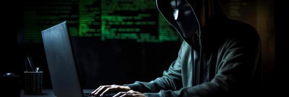 Unveiling the Enigmatic World of Cybercrime. A White Masked Hacker's Front View Amidst Dark Hood and Green Matrix Code Background photo