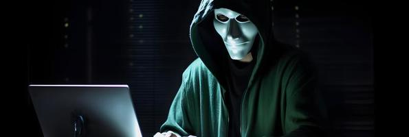 Unveiling the Enigmatic World of Cybercrime. A White Masked Hacker's Front View Amidst Dark Hood and Green Matrix Code Background photo