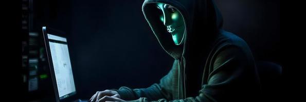 Unveiling the Enigmatic World of Cybercrime. A White Masked Hacker's Front View Amidst Dark Hood and Green Matrix Code Background photo