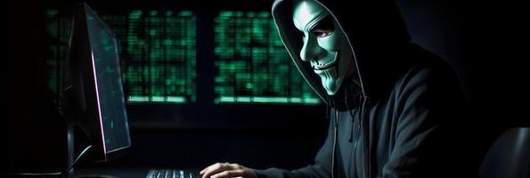 Unveiling the Enigmatic World of Cybercrime. A White Masked Hacker's Front View Amidst Dark Hood and Green Matrix Code Background photo