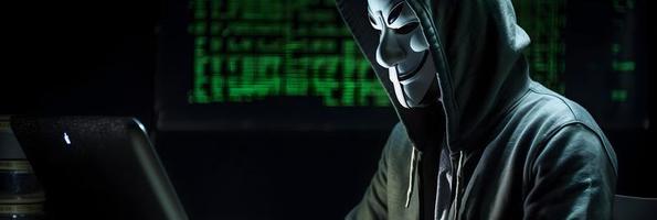 Unveiling the Enigmatic World of Cybercrime. A White Masked Hacker's Front View Amidst Dark Hood and Green Matrix Code Background photo