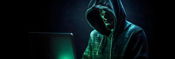 Unveiling the Enigmatic World of Cybercrime. A White Masked Hacker's Front View Amidst Dark Hood and Green Matrix Code Background photo