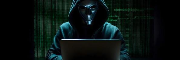 Unveiling the Enigmatic World of Cybercrime. A White Masked Hacker's Front View Amidst Dark Hood and Green Matrix Code Background photo