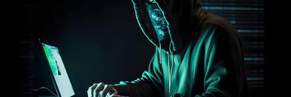 Unveiling the Enigmatic World of Cybercrime. A White Masked Hacker's Front View Amidst Dark Hood and Green Matrix Code Background photo