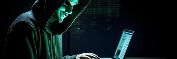 Unveiling the Enigmatic World of Cybercrime. A White Masked Hacker's Front View Amidst Dark Hood and Green Matrix Code Background photo