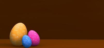 Happy Easter banner. Easter eggs with a colorful eggs. Copy the place for the text. 3D work and 3D illustration photo