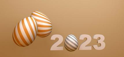 Easter poster and banner, with eggs and 2023 text. 3D work and 3D image. copy space photo