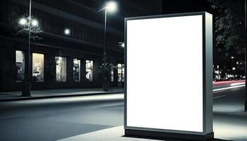 Modern Empty space advertisement board, blank white signboard in city in night, Bus stand empty billboard in night, Marketing banner ad space in city, Advertisement billboard on bus stand in city photo