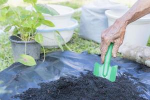 Preparation of soil mixture from fertile compost, humus and vermiculite on  black garbage bag floor in garden. Mixing the soil components for the preparation of the substrate for transplanting plants. photo