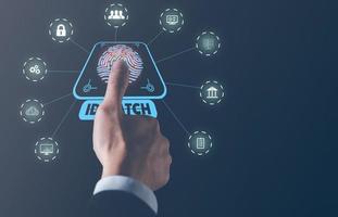 biometric fingerprint scan, security access network and personal data photo
