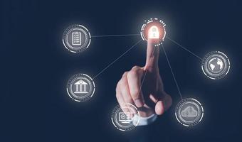 security internet network, man touching lock icon to scan to access to personal data photo