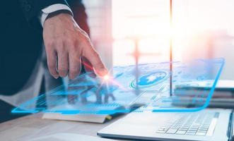 Presentation of project management  communication with icons and a manager touching virtual screen, businessman touching virtual screen present project research and development photo